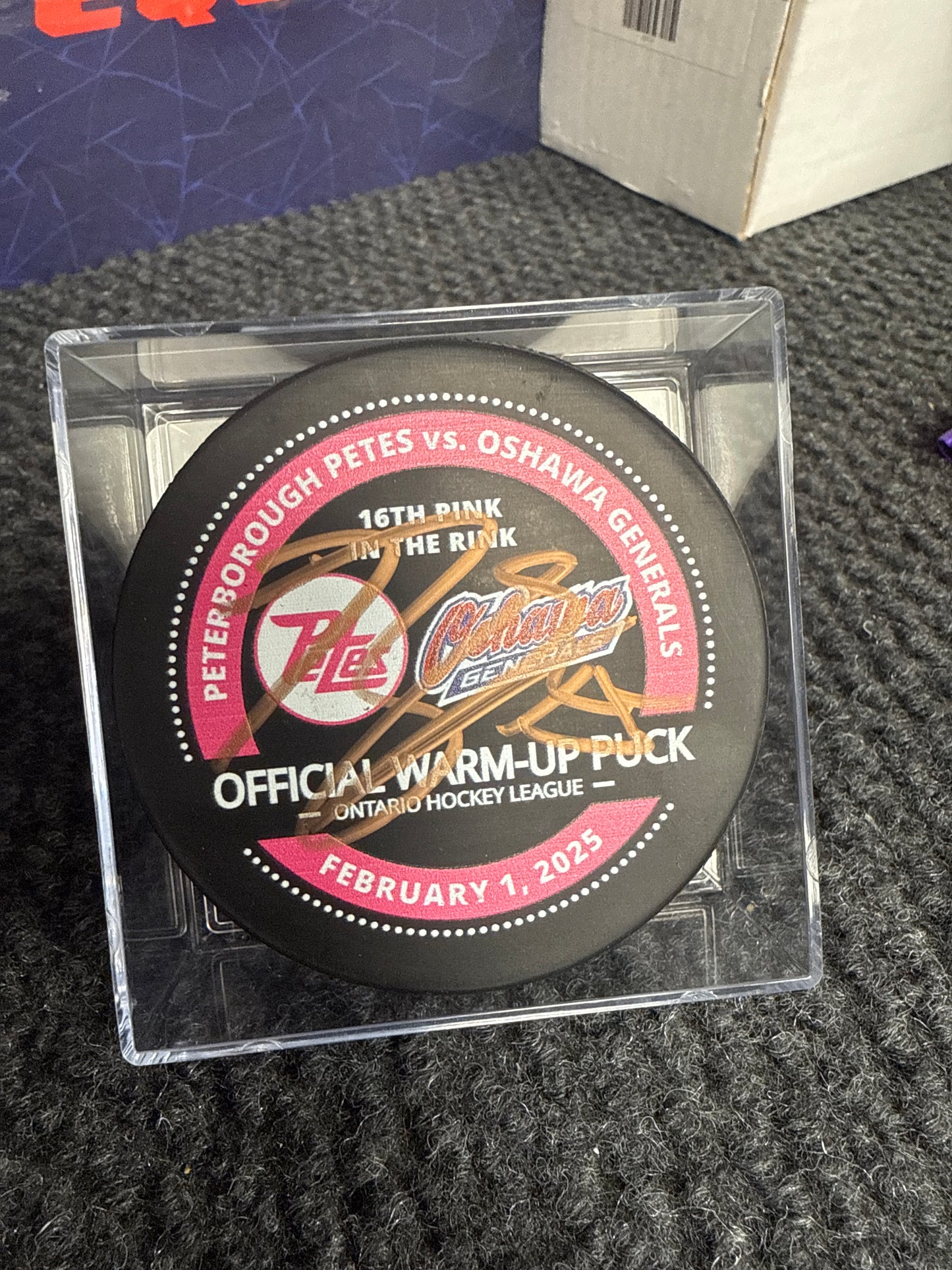 Beckett Sennecke Signed Petes Warm Up Puck vs Generals Pink