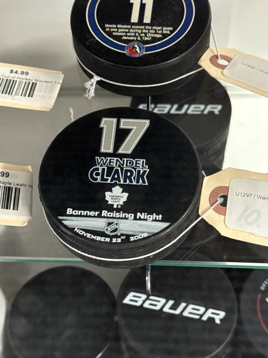 Wendel Clarke Toronto Maple Leafs Jersey Banner Raising Night Puck