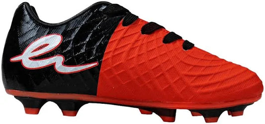 A pair of Eletto black and red soccer cleats designed for junior players, featuring a synthetic upper and a cleated sole for traction.