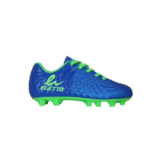 A pair of Eletto brand soccer cleats in neon blue color with green accents.